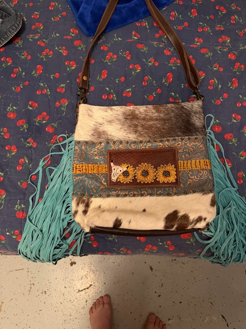 Turquoise Fringe Cowhide Floral Applique Crossbody Bag